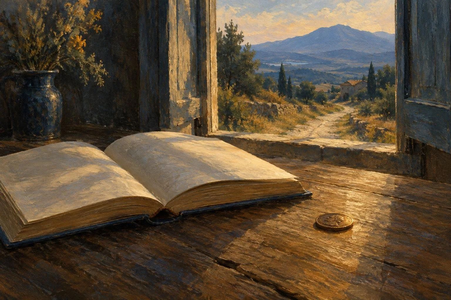 Një libër i hapur mbi tryezë druri pranë një monedhe të vetmuar në dritën e pasdites.