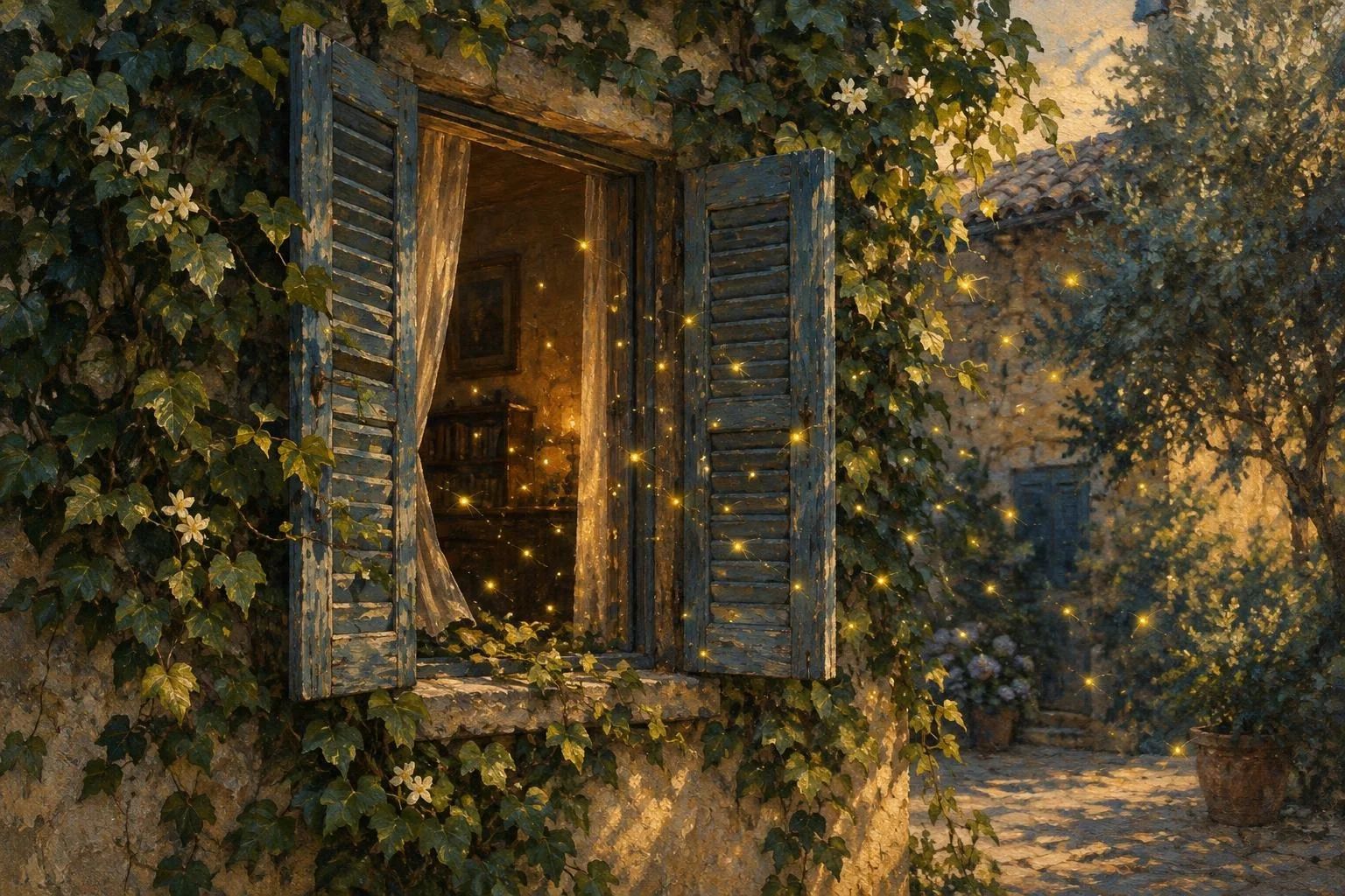 Qepena druri të hapur krejtësisht nga një dritare me pamje drejt një oborri me dritë