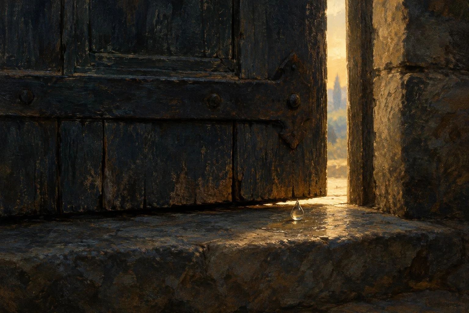 Një derë e vjetër druri e mbyllur dhe një pikë uji që shkëlqen në prag