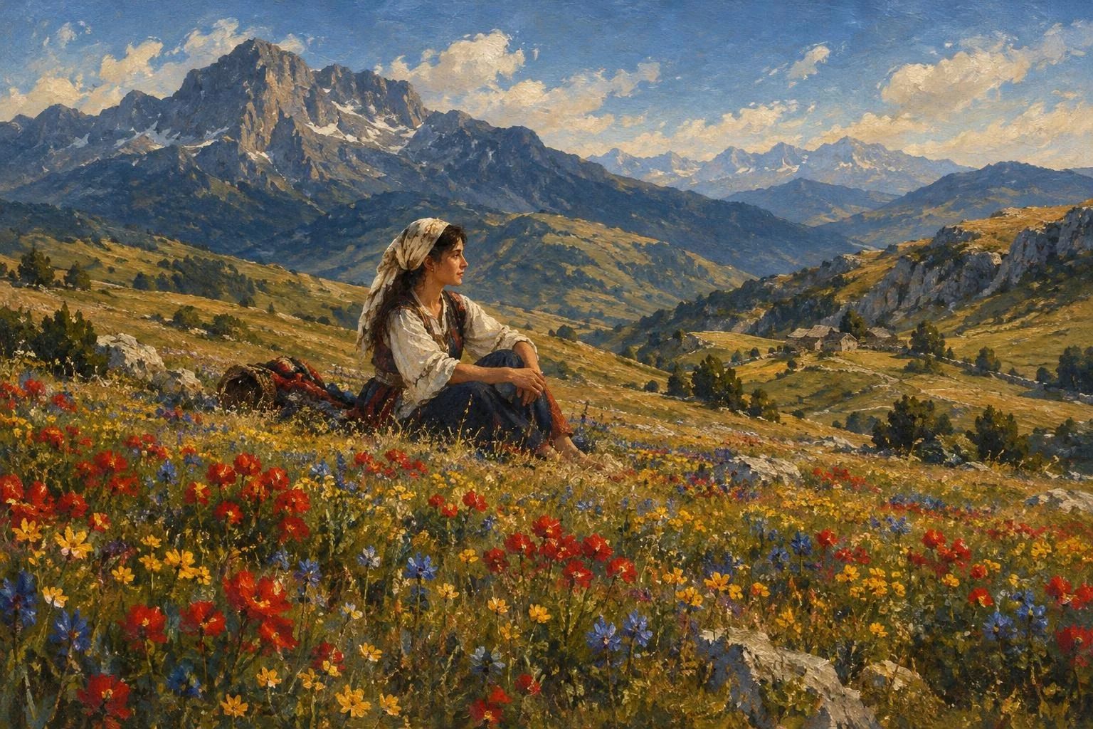 Një lëndinë e gjerë malore e mbushur me lule shumëngjyrëshe nën një qiell të kthjellët