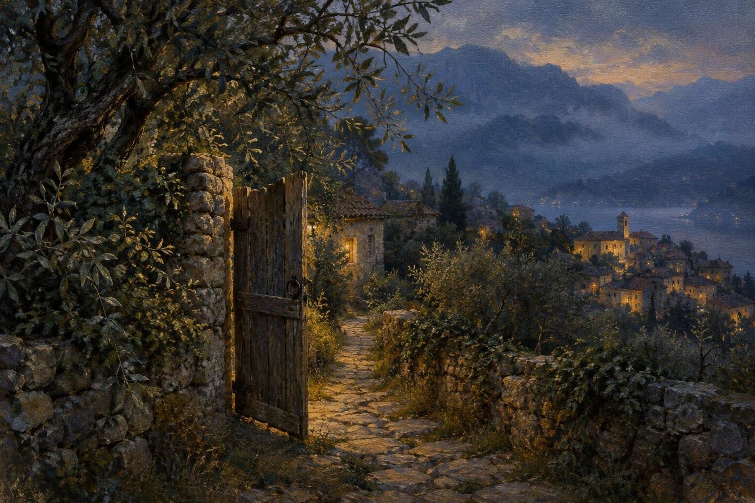 Portë e drunjtë e hapur në një rrugicë fshati në muzg
