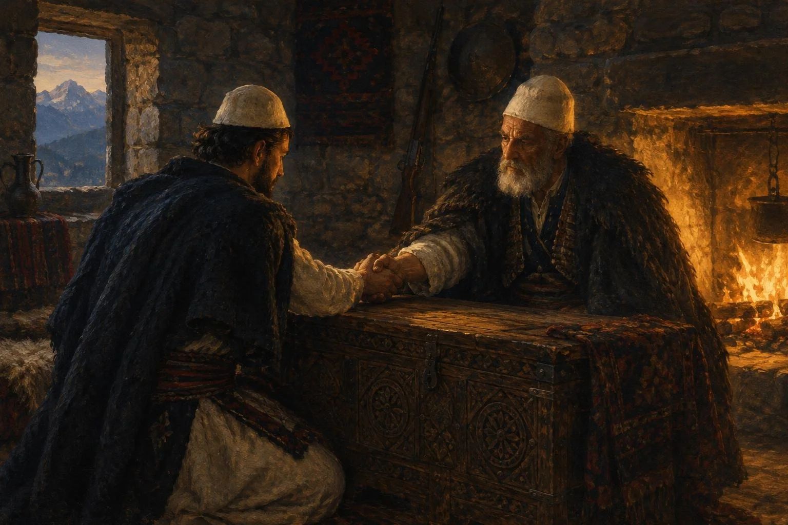 Dy duar që takohen mbi një sënduk druri të gdhendur në dritën e oxhakut