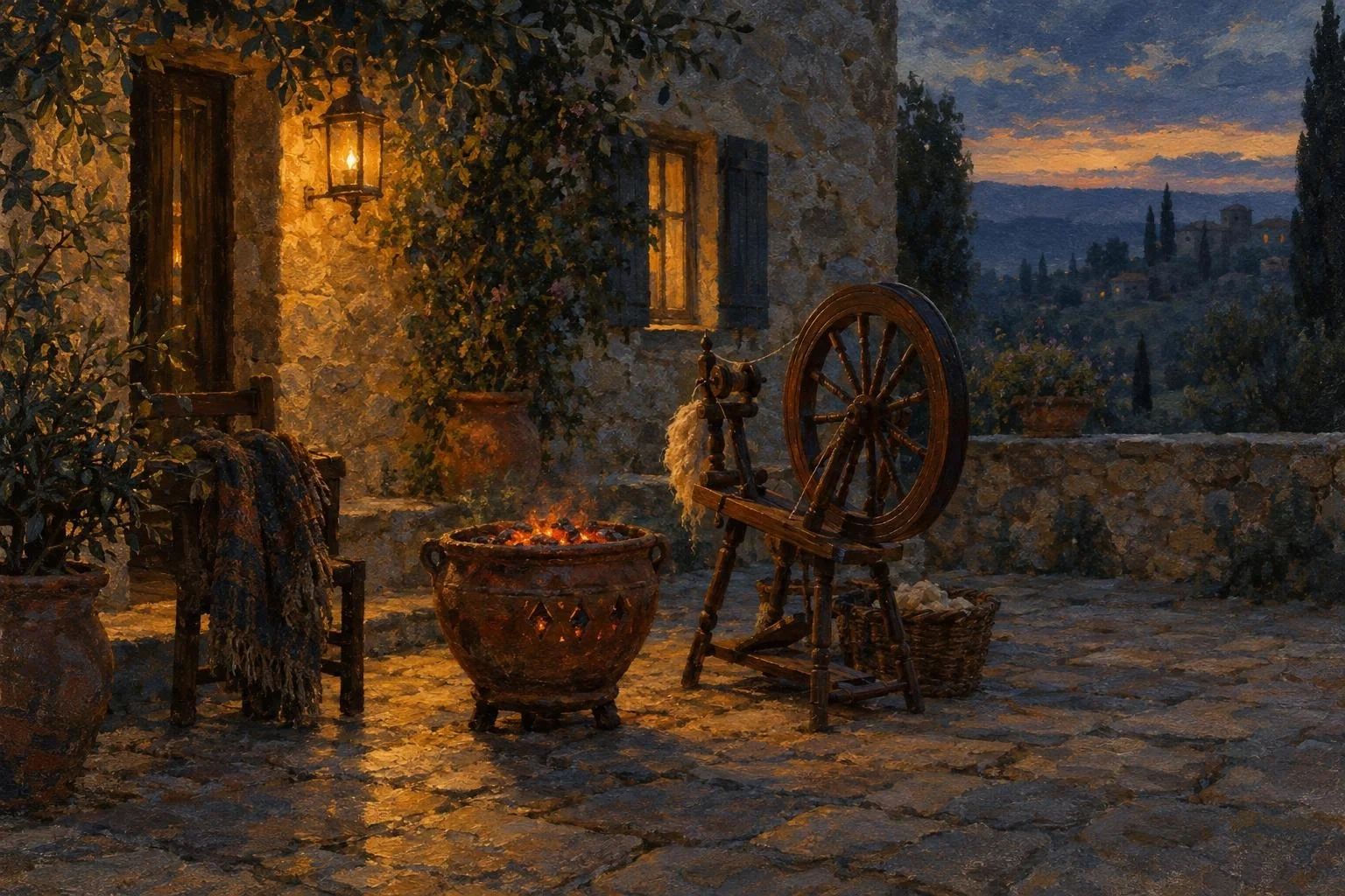 Një mangall me prush dhe një vegë druri në oborrin e një shtëpie prej guri në muzg