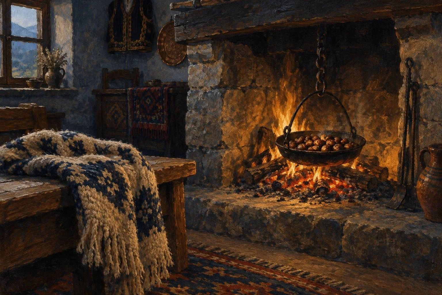 Vatër e ngrohtë me gështenja që piqen mbi prush dhe një batanije leshi pranë saj