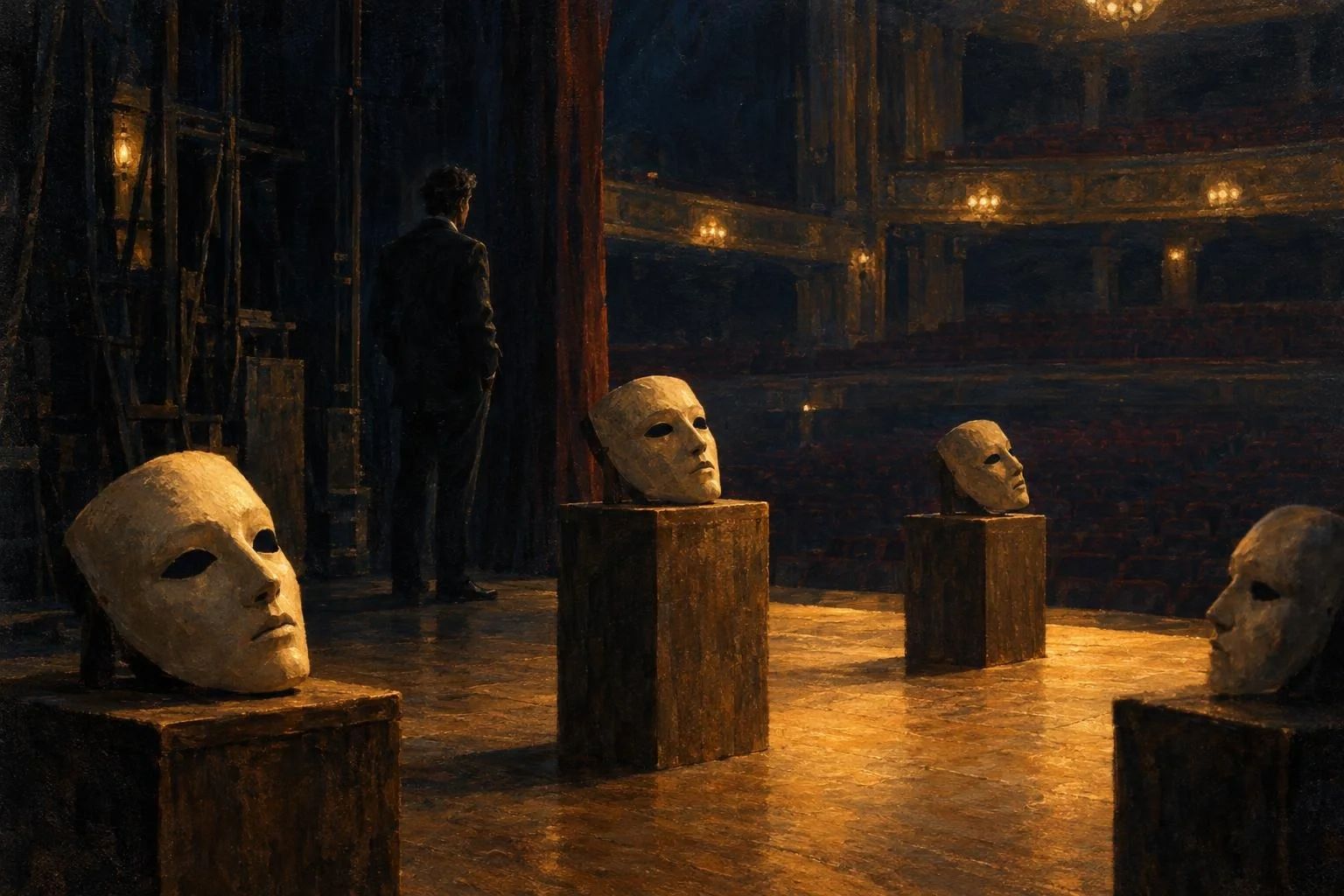 Maska të zbrazëta teatrore mbi piedestale druri në një skenë me dritë të ngrohtë