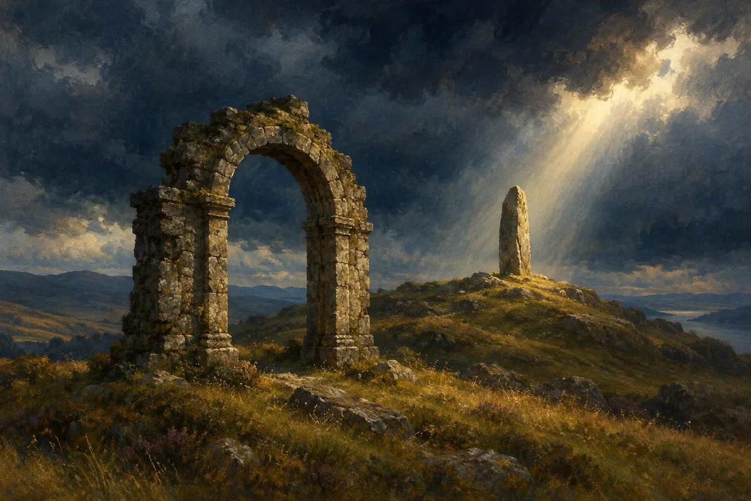 Hark i lashtë guri dhe një shtyllë e ngulur në majë të kodrës nën rreze drite.