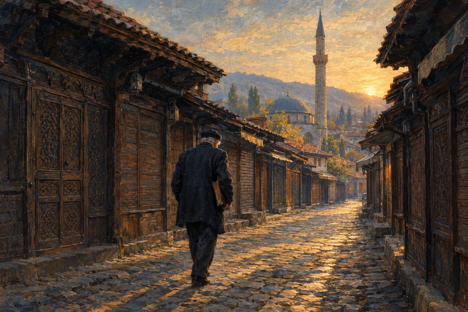 Agim në Çarshinë e Madhe të Gjakovës: rrugicë me kalldrëm dhe dyqane druri, minarja e Xhamisë së Hadumit dhe një plak me libër nën sqetull.