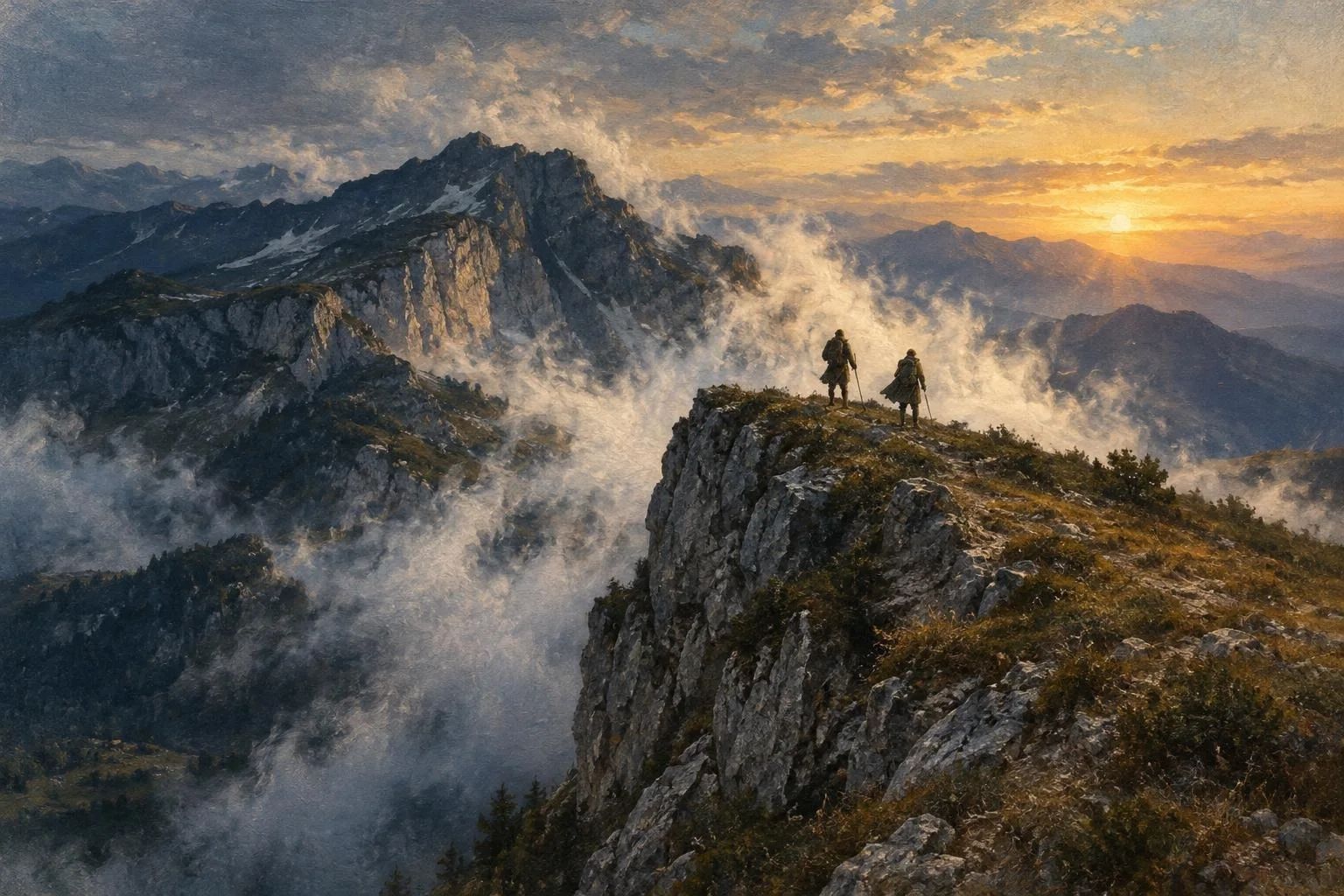 Shkëmbinjtë e lartë malorë në agim ku era përkund mjegullën mbi kreshta