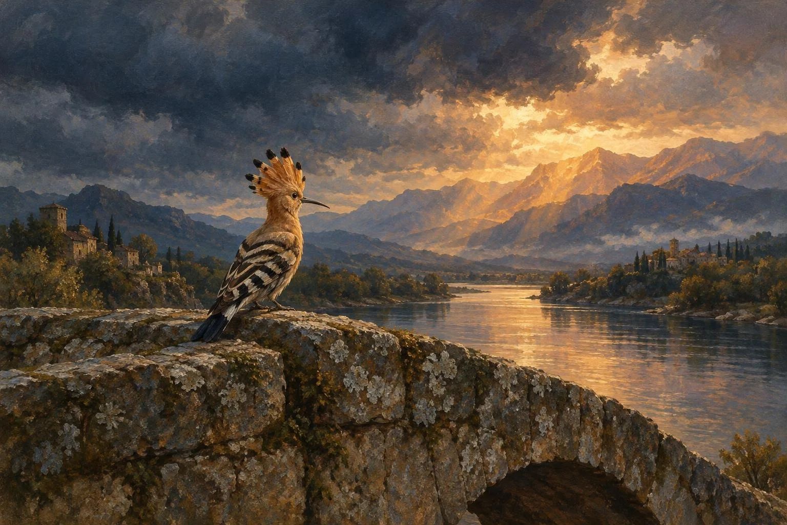 Një pupëz mbi një urë të gurtë në agim me rrezet e para të diellit mbi lumë