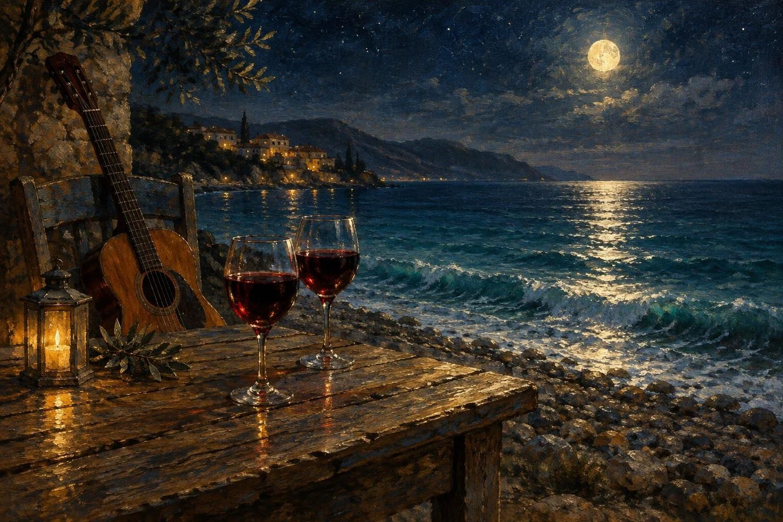 Dy gota verë të kuqe dhe një kitarë mbi një tavolinë druri pranë detit nën dritën e hënës