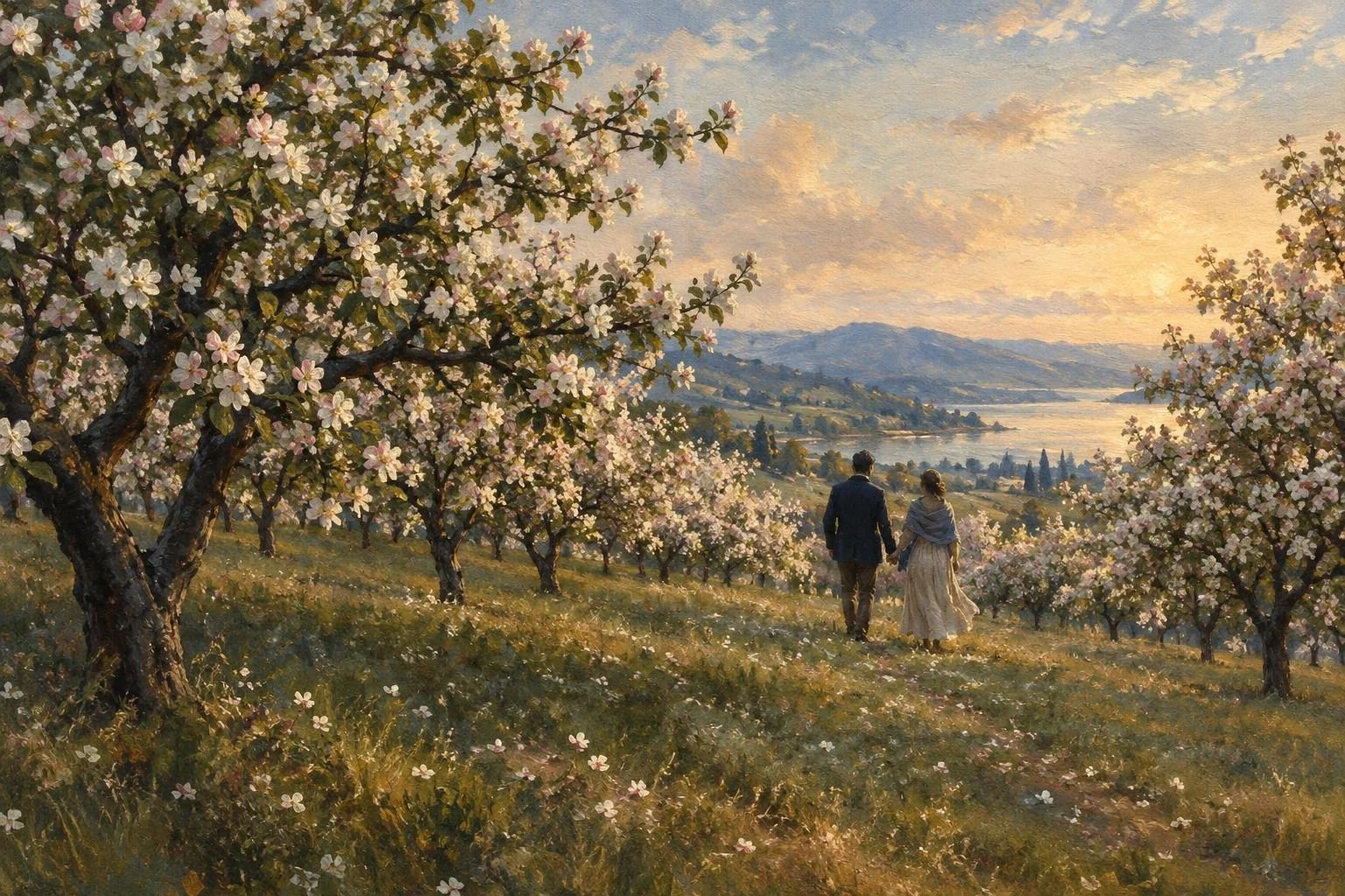 Një kopsht me mollë të lulëzuara në mes të majit me dy figura në largësi