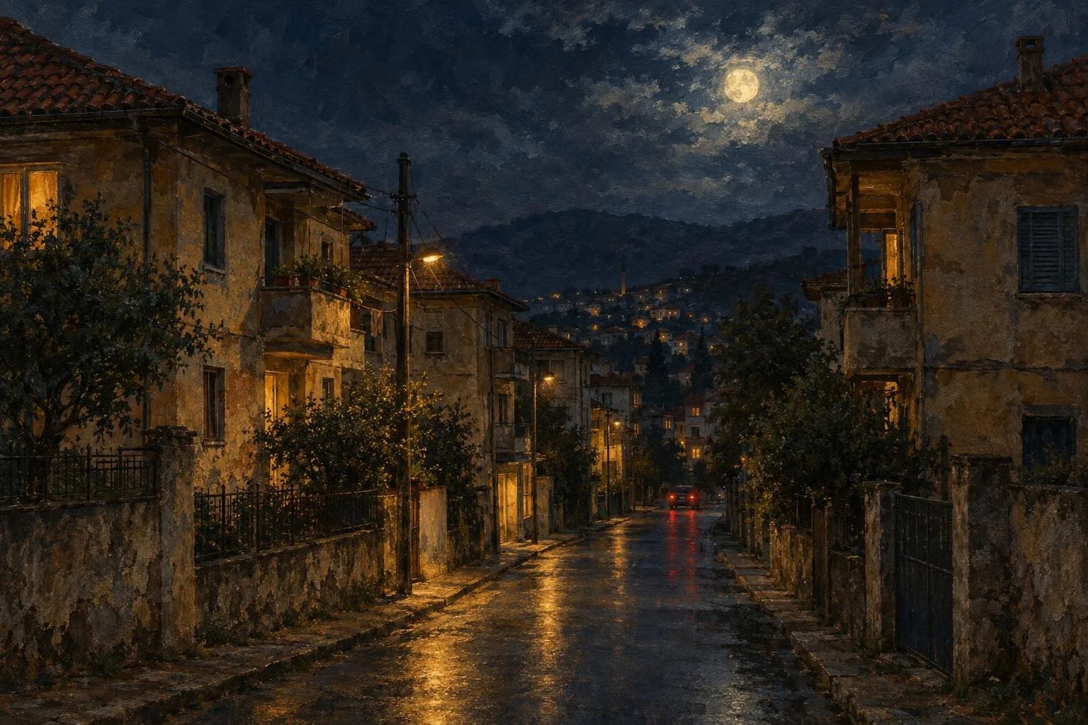 Një rrugë e qetë qyteti nën dritën e hënës me ndërtesa të vjetra dhe çati me tjegulla