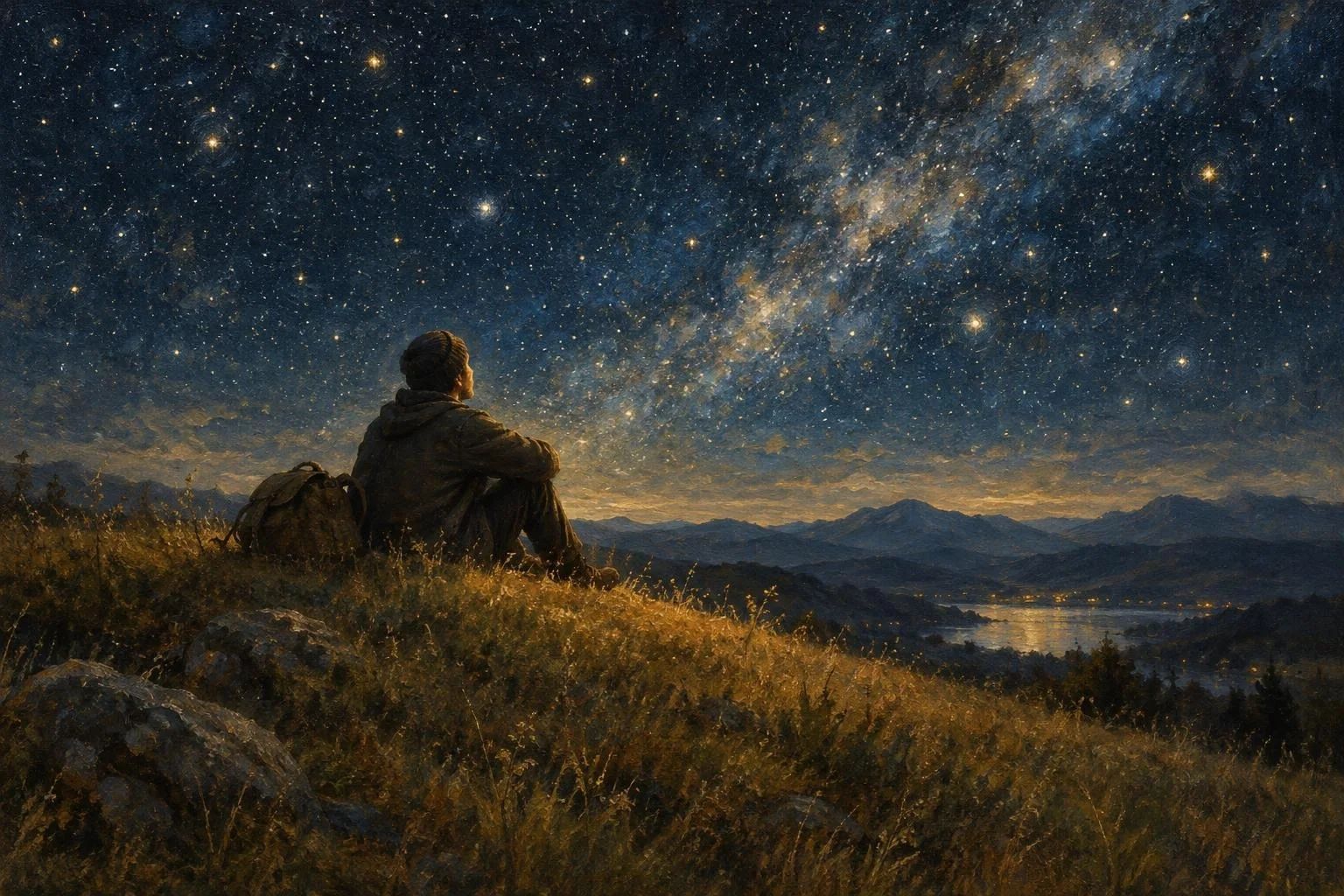 Një udhëtar i vetëm ulur në një kodër duke soditur qetësisht qiellin e mbushur me yje