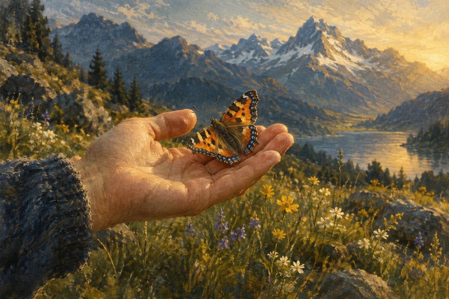 Një flutur me krahë të ngjyrosur e ulur lehtë mbi një pëllëmbë dore
