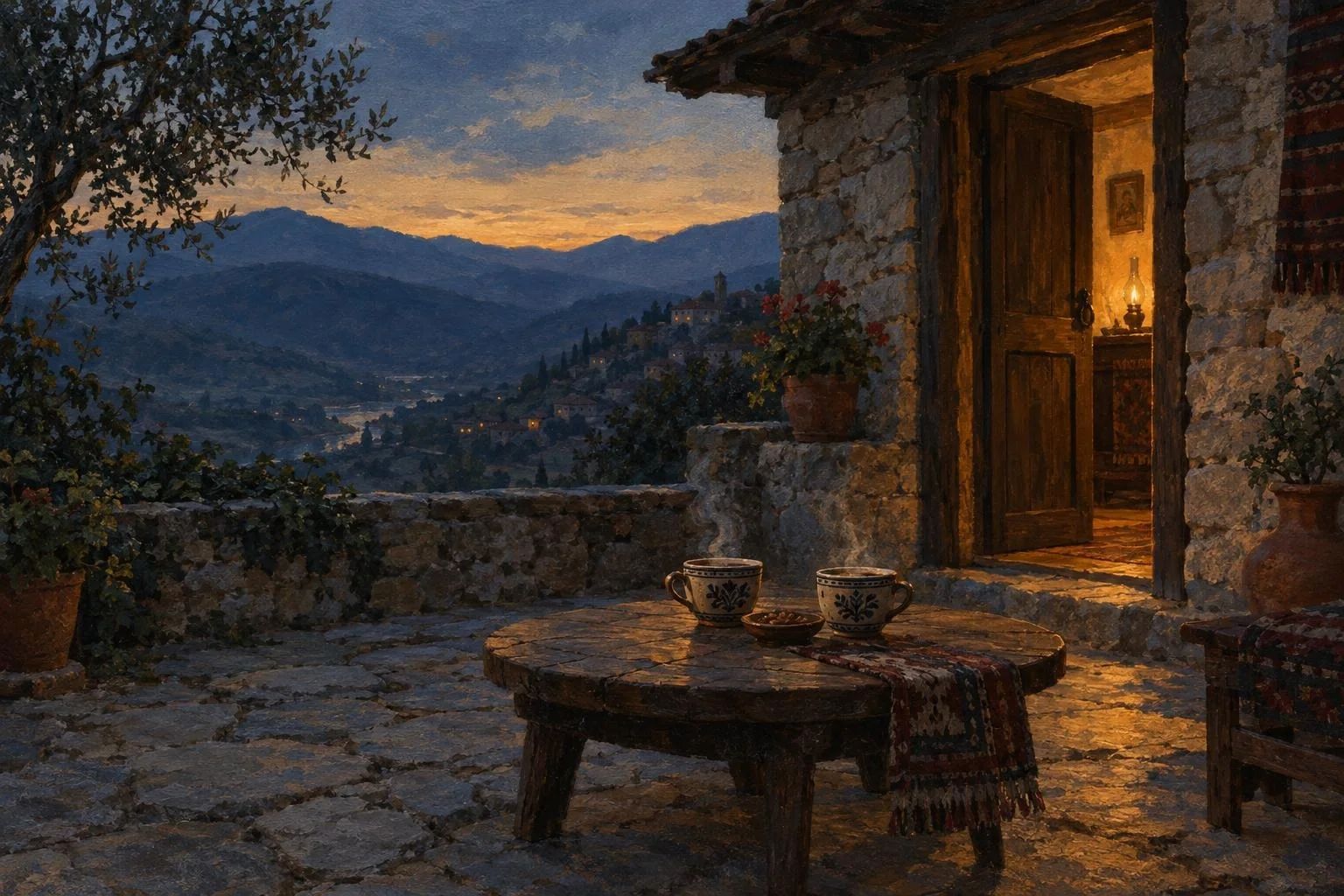 Sofër e vogël druri me dy filxhanë çaji në oborrin e gurtë të një shtëpie në muzg