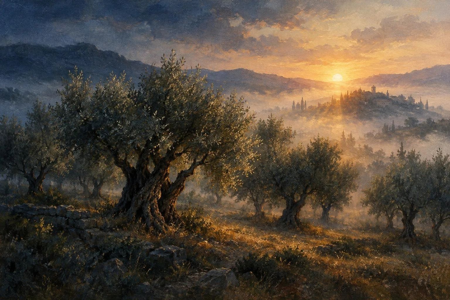 Rrezet e para të diellit që shpërthejnë mjegullën mbi një ullishte të lashtë