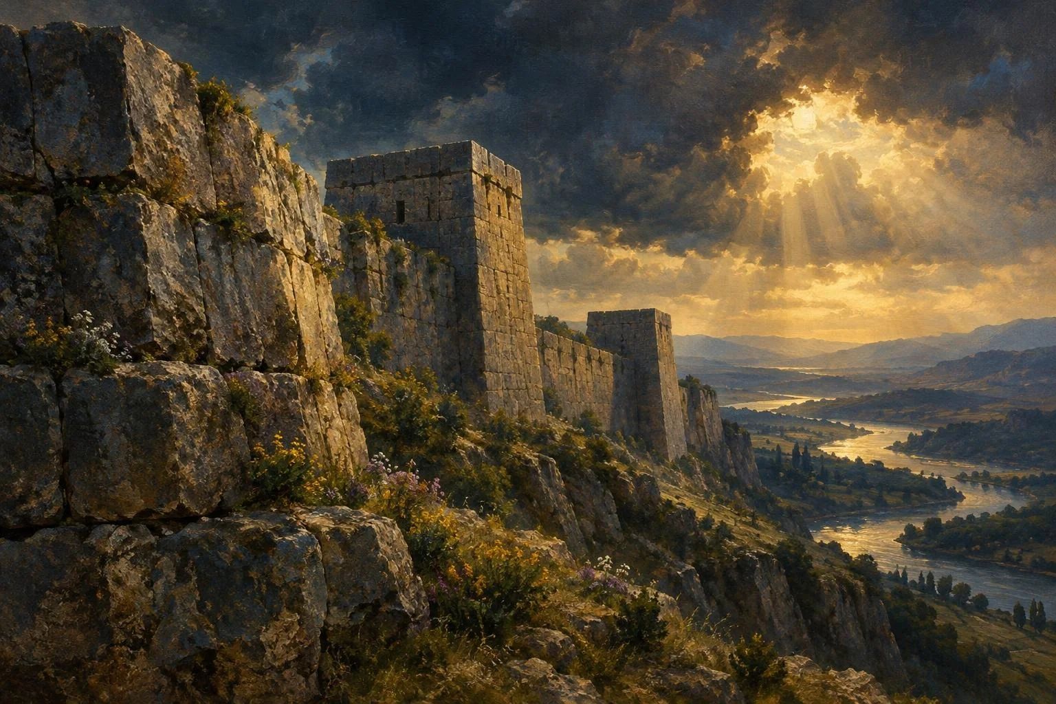 Muret e lashta të një kalaje guri të rrethuara nga rreze dielli mes reve të stuhisë