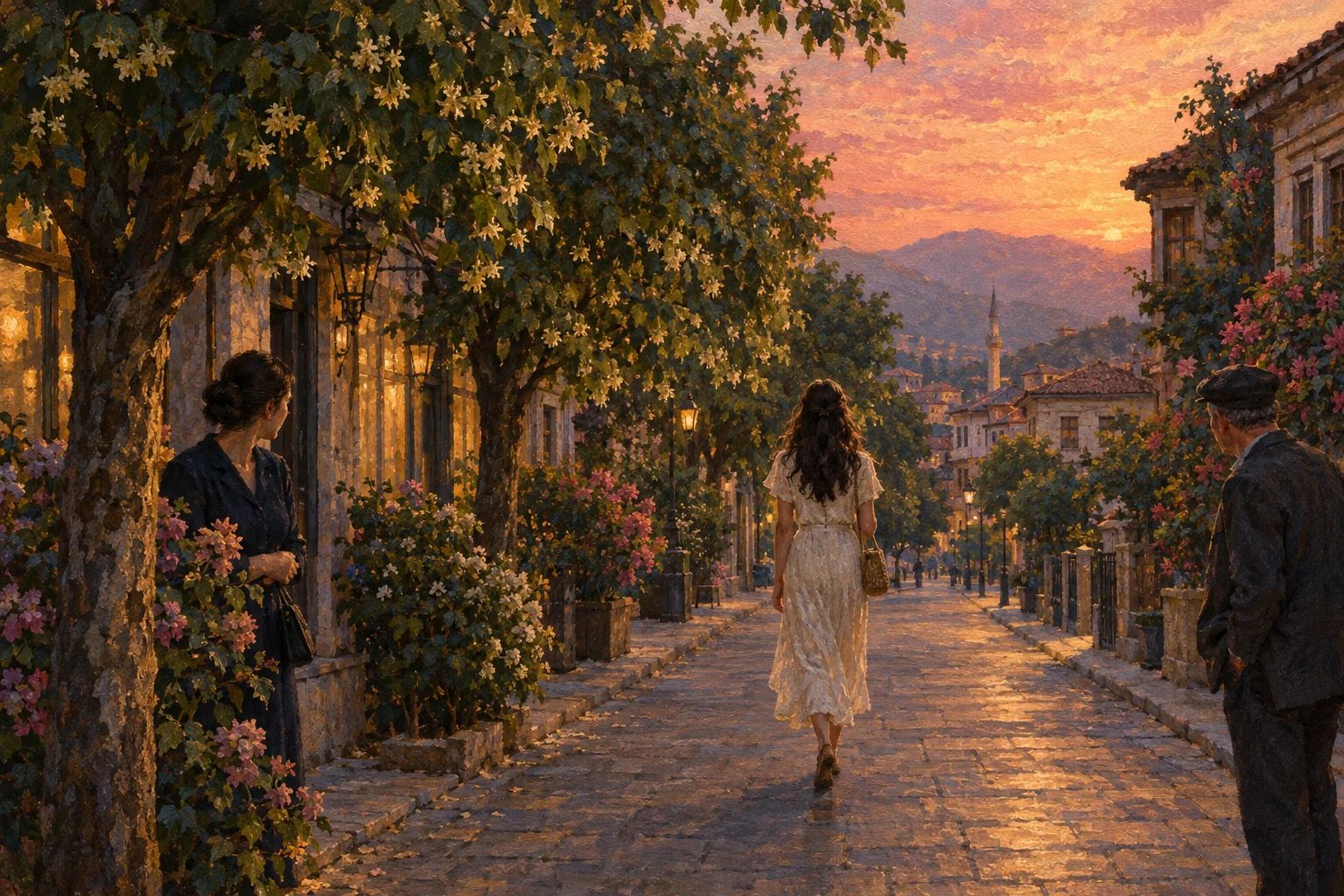 Një rrugë me pemë në muzg të trëndafiltë; një grua me fustan të lehtë ecën larg, parë nga pas, ndërsa kalimtarët kthejnë kokën.
