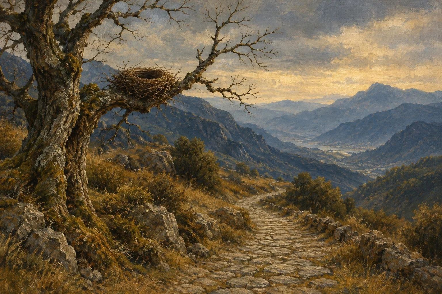 Rrugë e vjetër me kalldrëm në një shteg malor pranë një dege lisi me fole të zbrazët