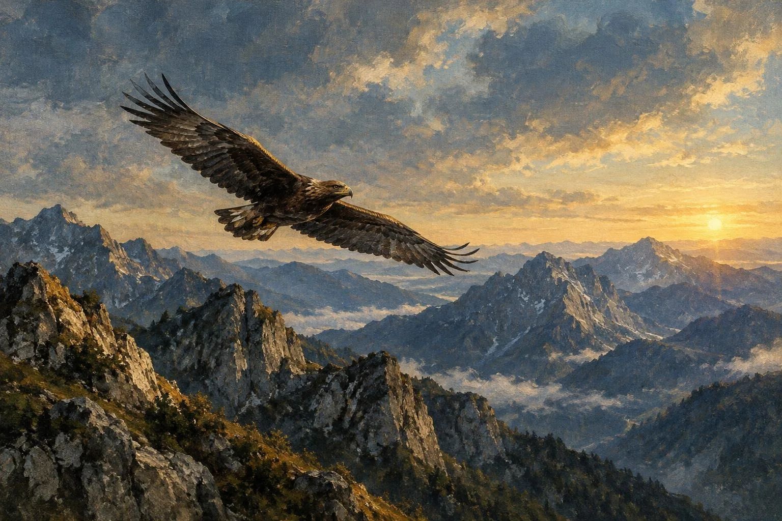 Një shqiponjë që fluturon lart mbi majat e thepisura të maleve