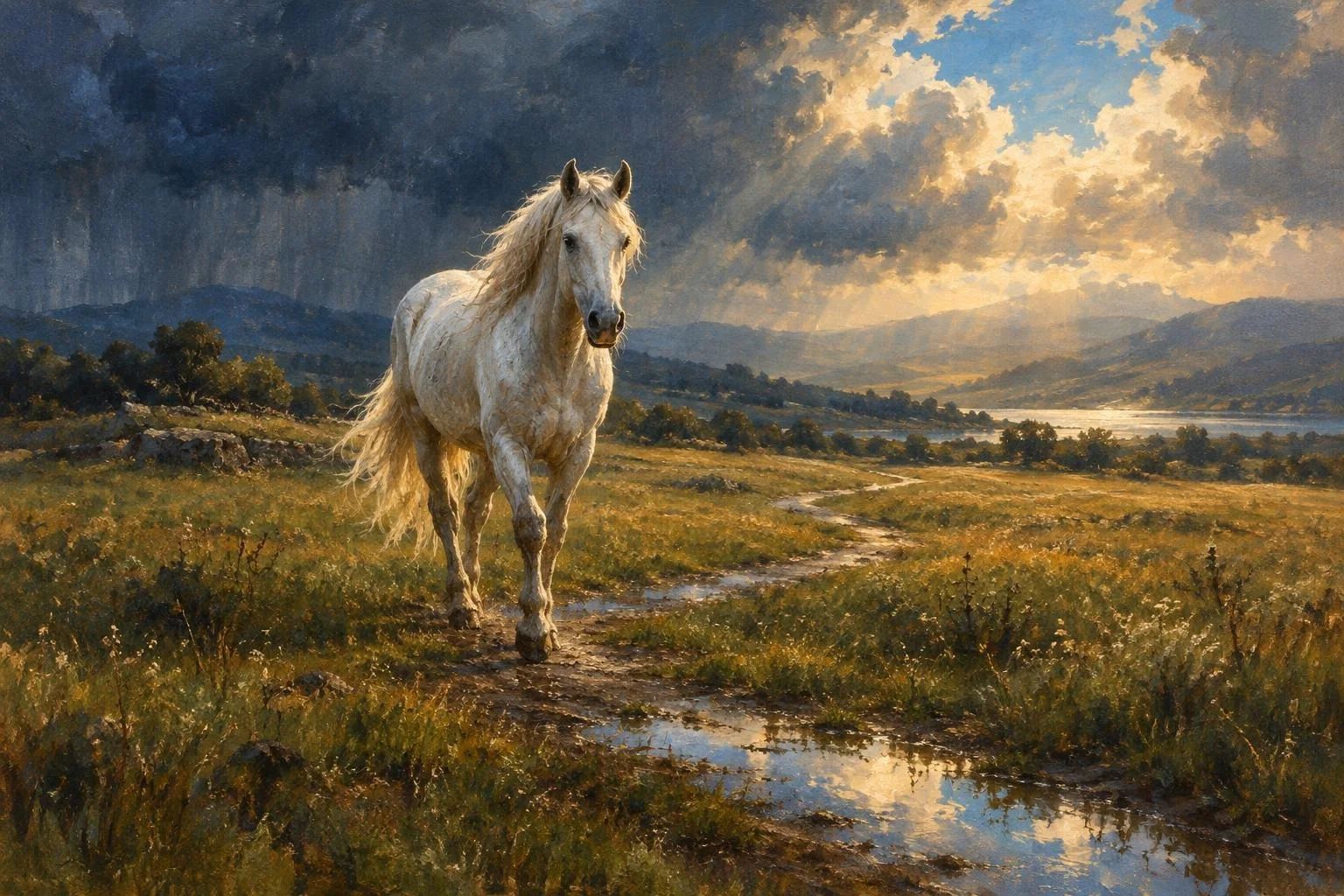 Një kalë i bardhë që ecën përgjatë një shtegu në një fushë të gjelbër pas shiut