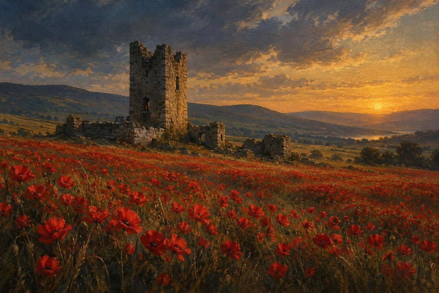 Një fushë e gjerë me lulekuqe të kuqe pranë mureve prej guri të një kulla në perëndim