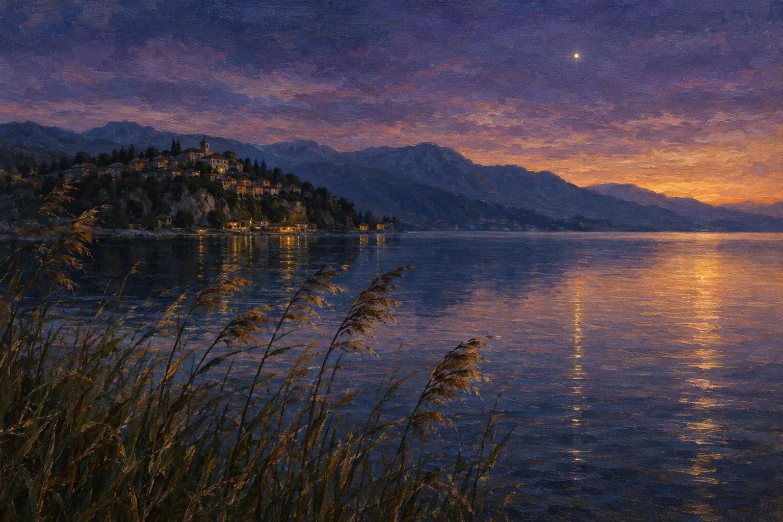 Sipërfaqja e qetë e liqenit në muzg nën një qiell ngjyrë vjollce me kallamishte në erë
