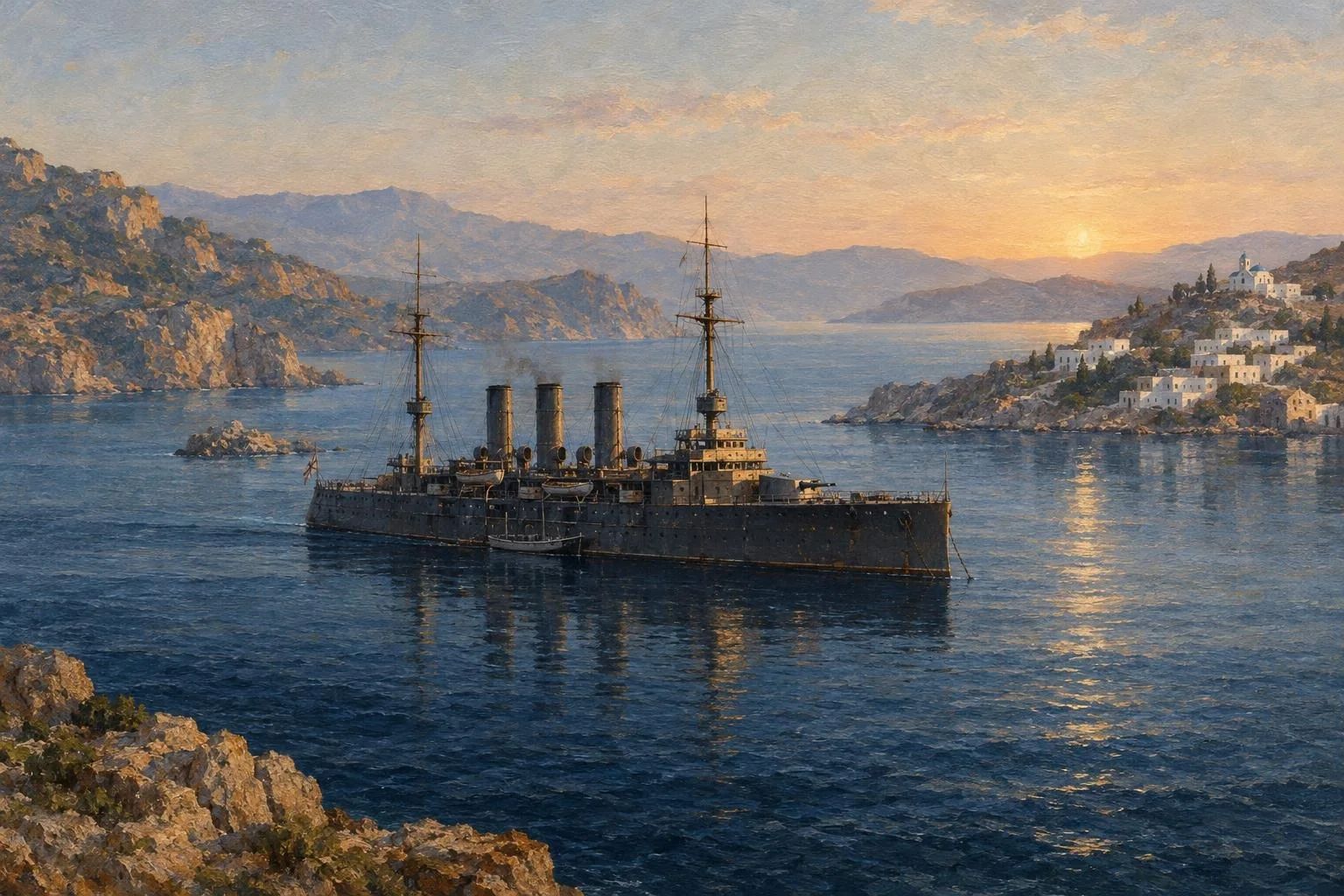 Një anije e vjetër luftarake e ankoruar në një gji detar pranë brigjeve shkëmbore në agim