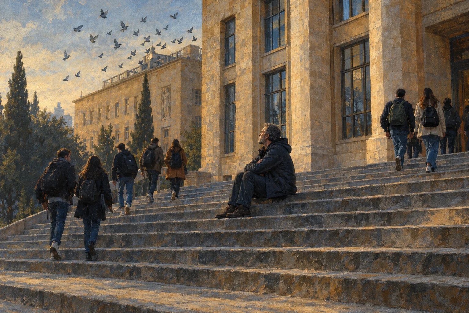 Shkallët e gjera të godinës kryesore të Universitetit të Tiranës në mëngjes: një burrë me mjekër rri ulur në mes, ndërsa studentët ngjiten dhe pëllumbat fluturojnë.