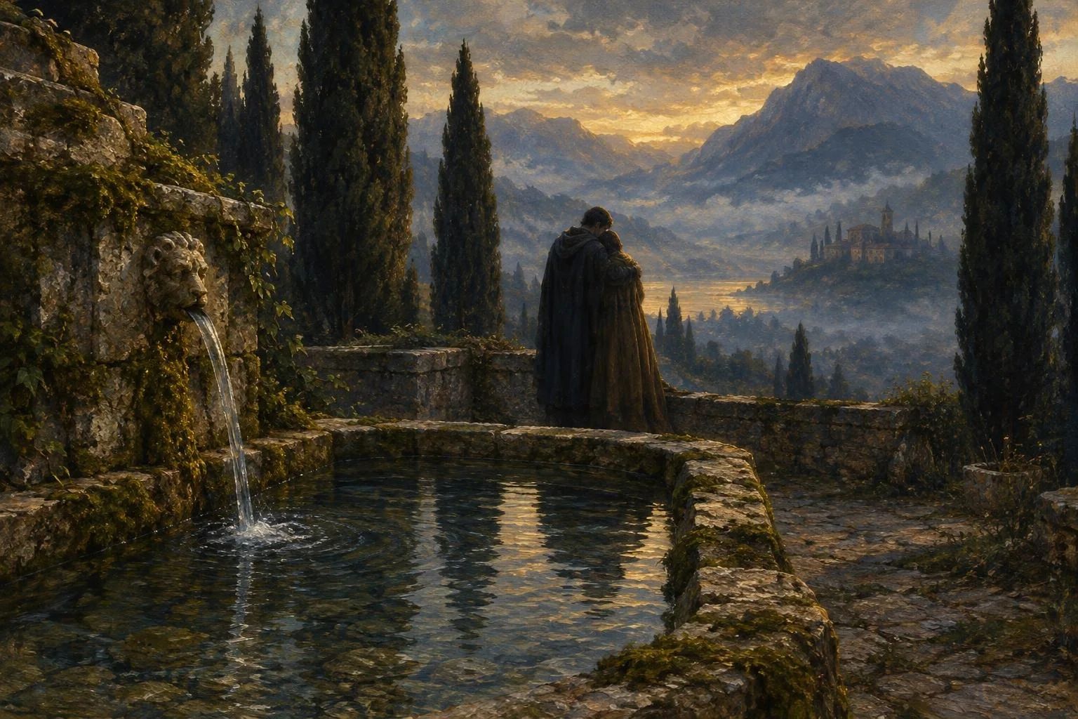 Dy figura të përqafuara pranë një burimi të vjetër guri mes selvisheve