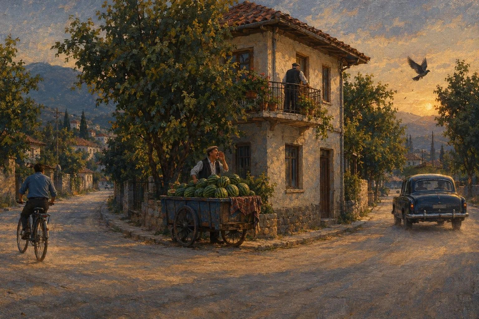 Një shtëpi e thjeshtë me ballkon në një udhëkryq me pluhur; një burrë parë nga pas vështron nga ballkoni shitësin e shalqinjve dhe kalimtarët në mbrëmje.