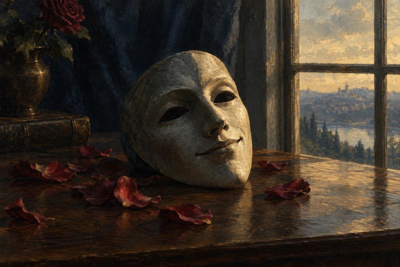 Një maskë guri me gjysmëbuzëqeshje misterioze mbi një tavolinë druri pranë dritares