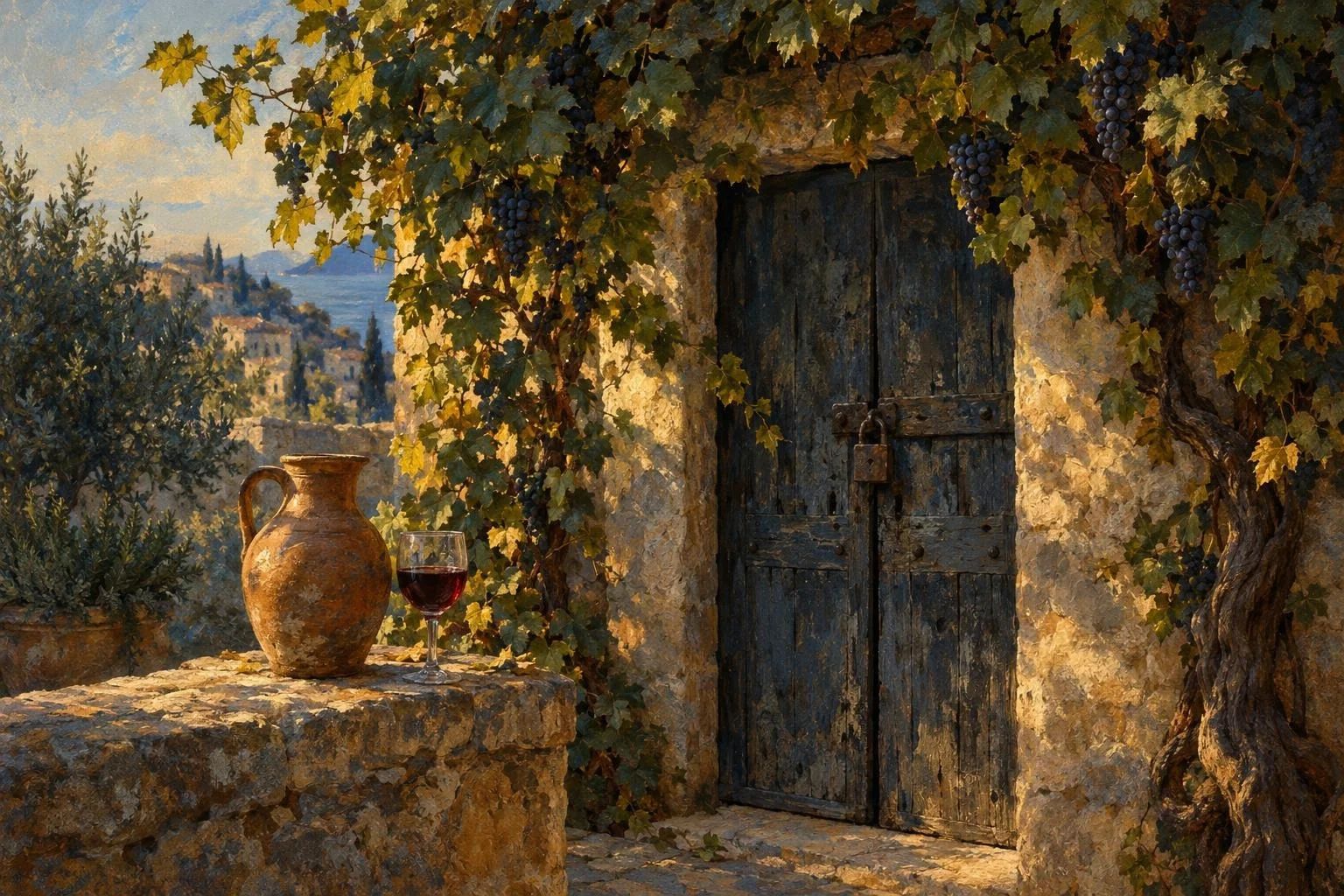 Një derë e vjetër druri e mbyllur mes hardhive të rrushit dhe një brokë vere mbi gurin e oborrit