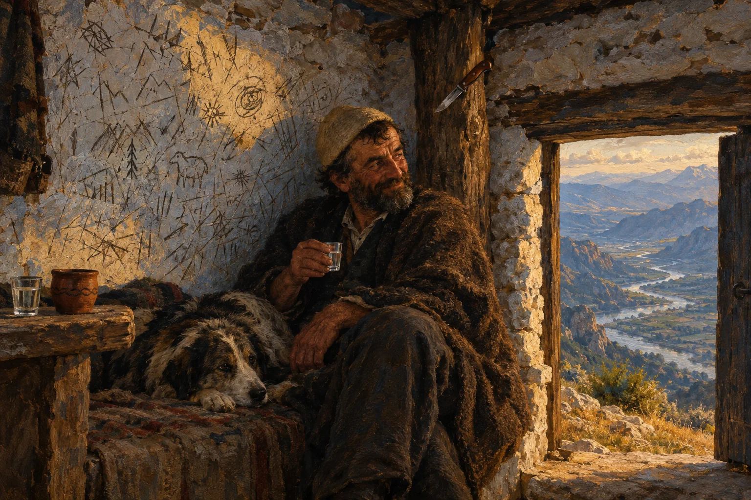 Brendësi e një stani guri në malin e Nemërçkës: muri i mbushur me gërvishtje thike, një thikë e ngulur në tra dhe një gotë raki, me pamje nga lugina.