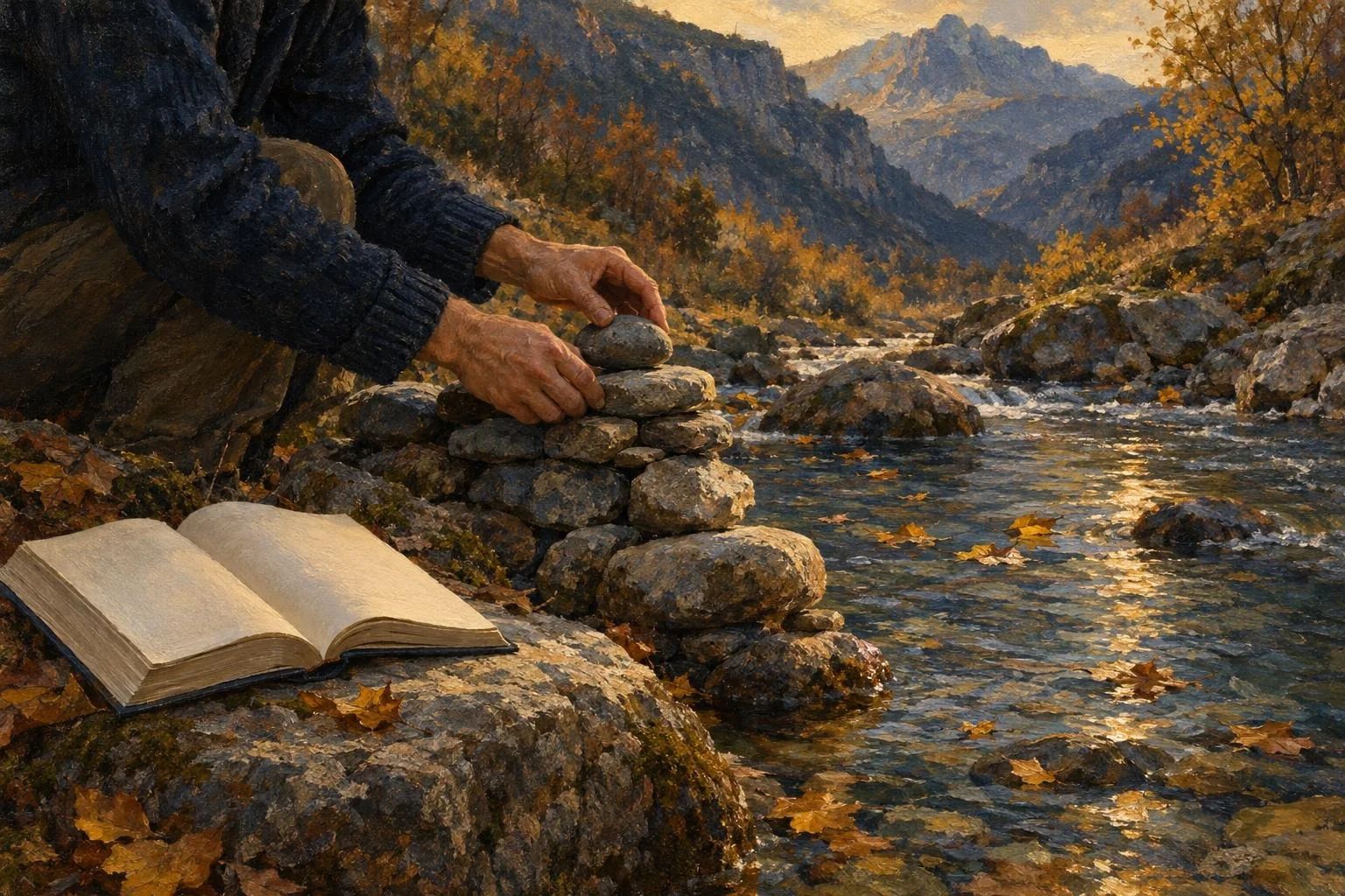 Duar që ngrenë një mur të vogël me guralecë lumi buzë një përroi malor, pranë një libri të hapur mbi gur.