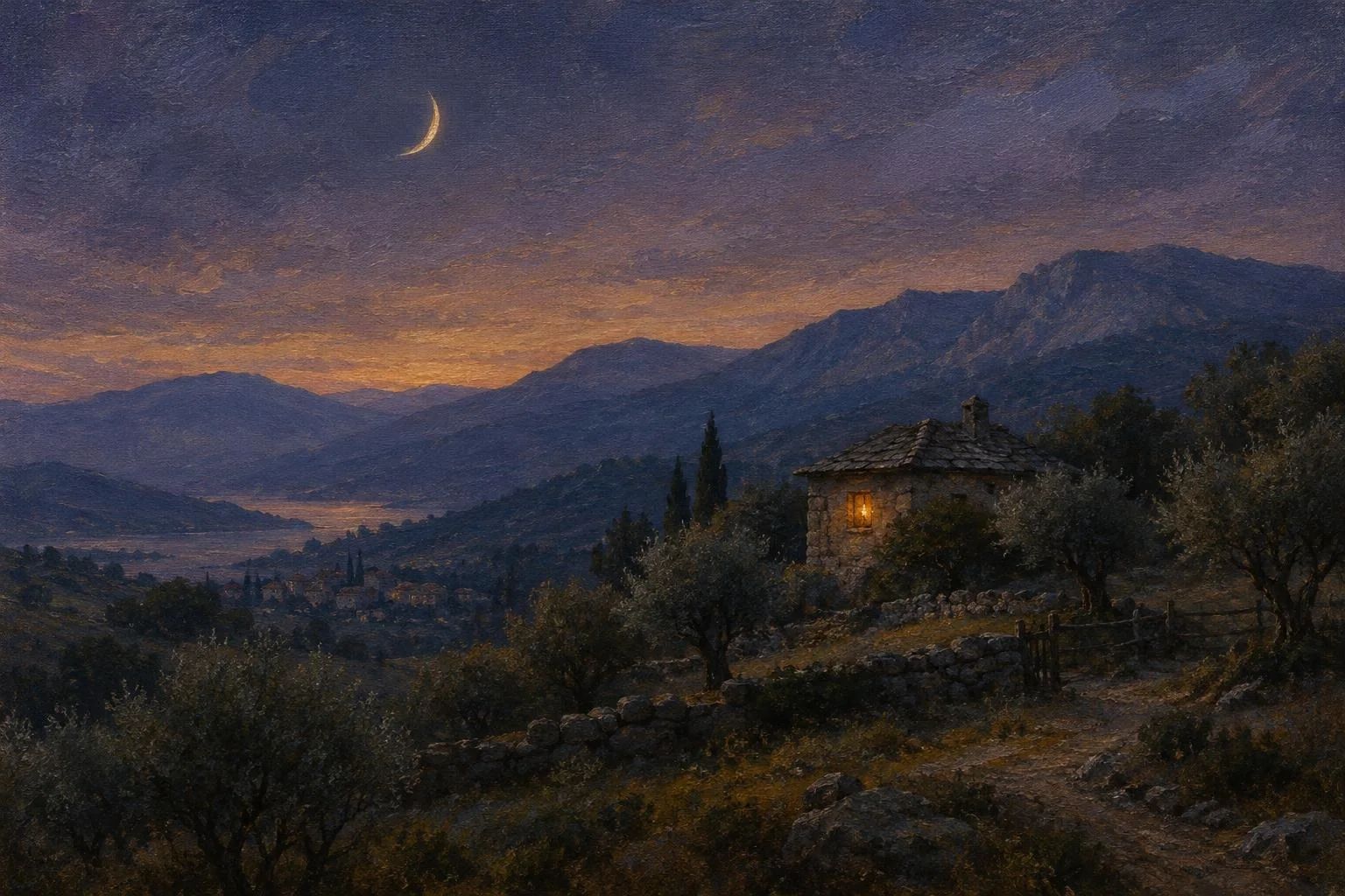 Hënë e hollë mbi kodra në muzg me një dritë të largët
