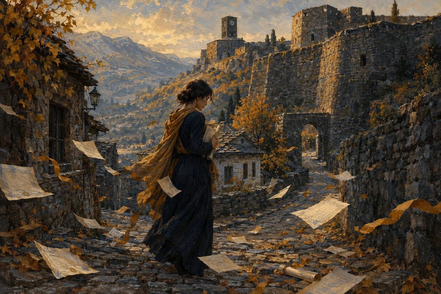 Sokak me kalldrëm në Gjirokastër me fletë të shpërndara nga era