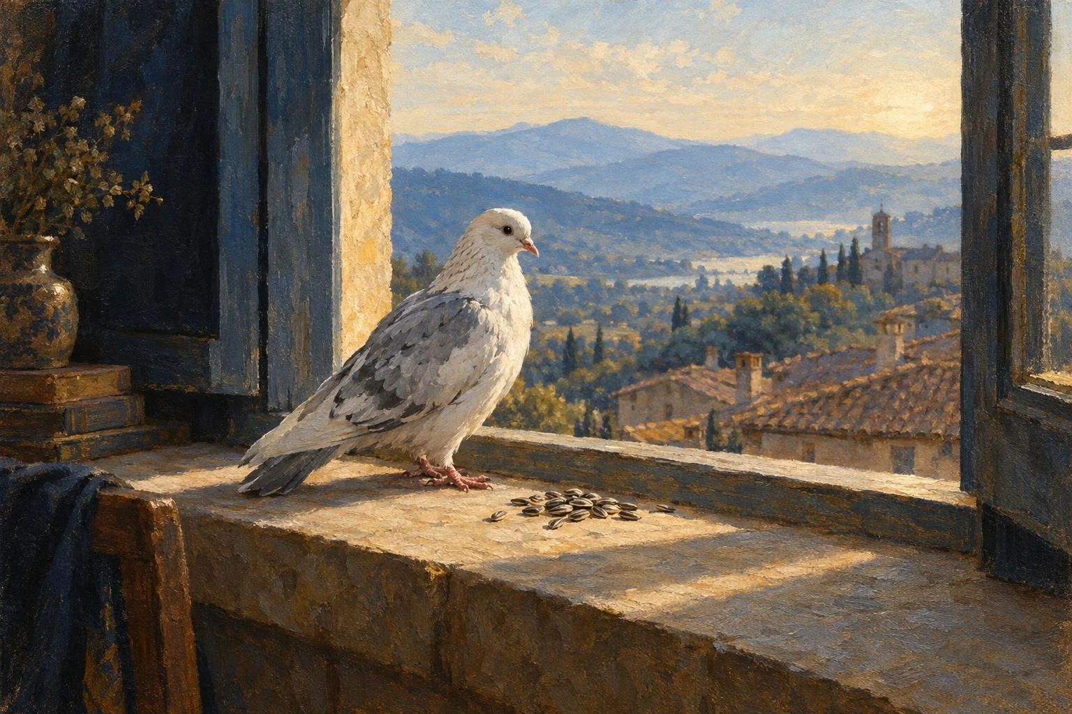 Një pëllumb i bardhë në parvazin e një dritareje të larë nga dielli
