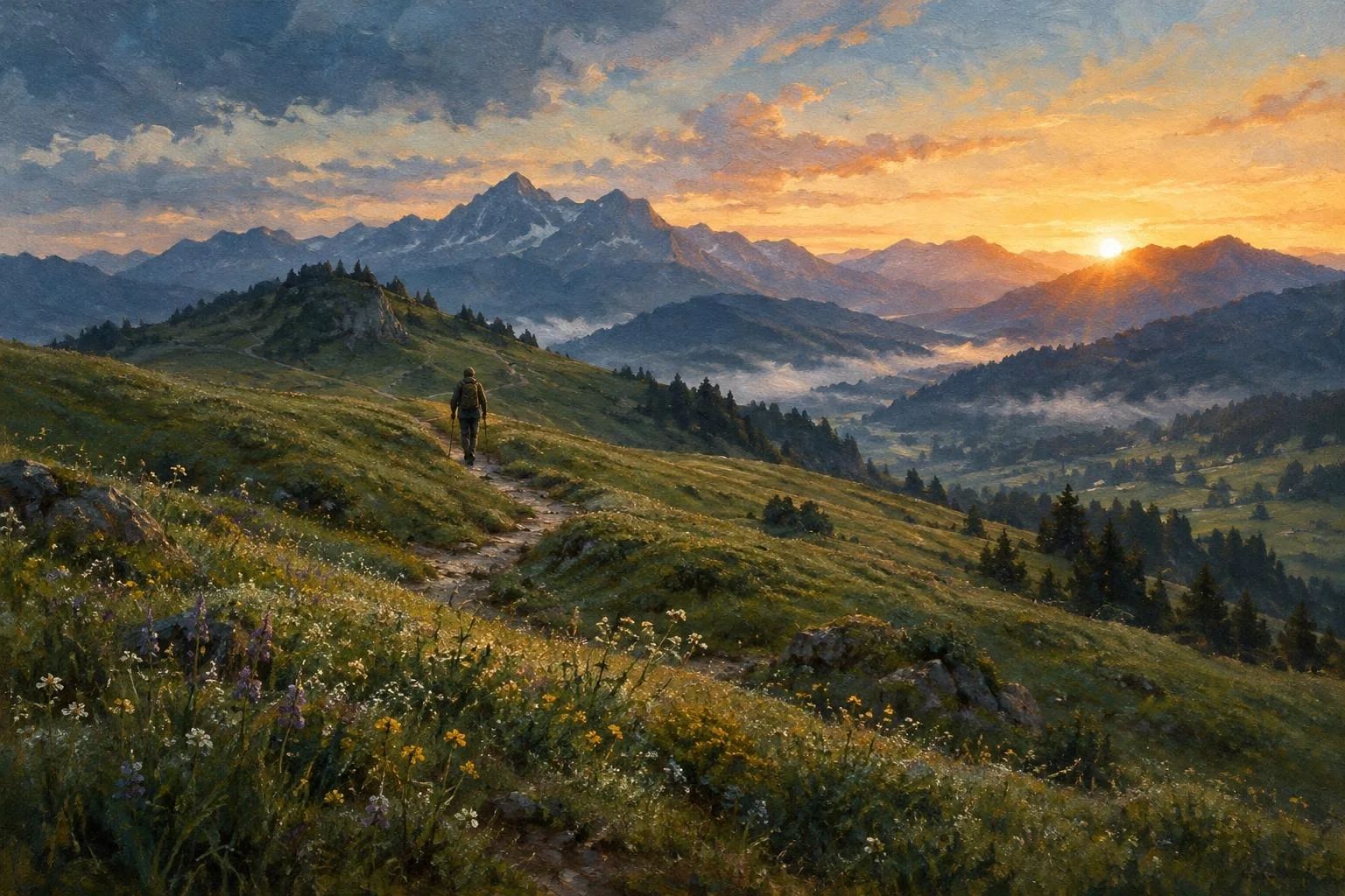 Peizazh me kodra të gjelbra dhe lule mali në krahinën e Hasit në agim