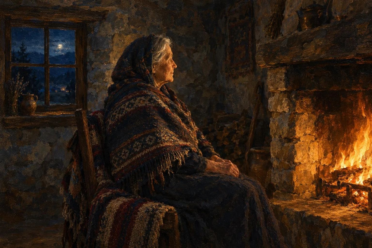 Një grua e moshuar me shami leshi e ulur pranë vatrës së zjarrit në një dhomë guri