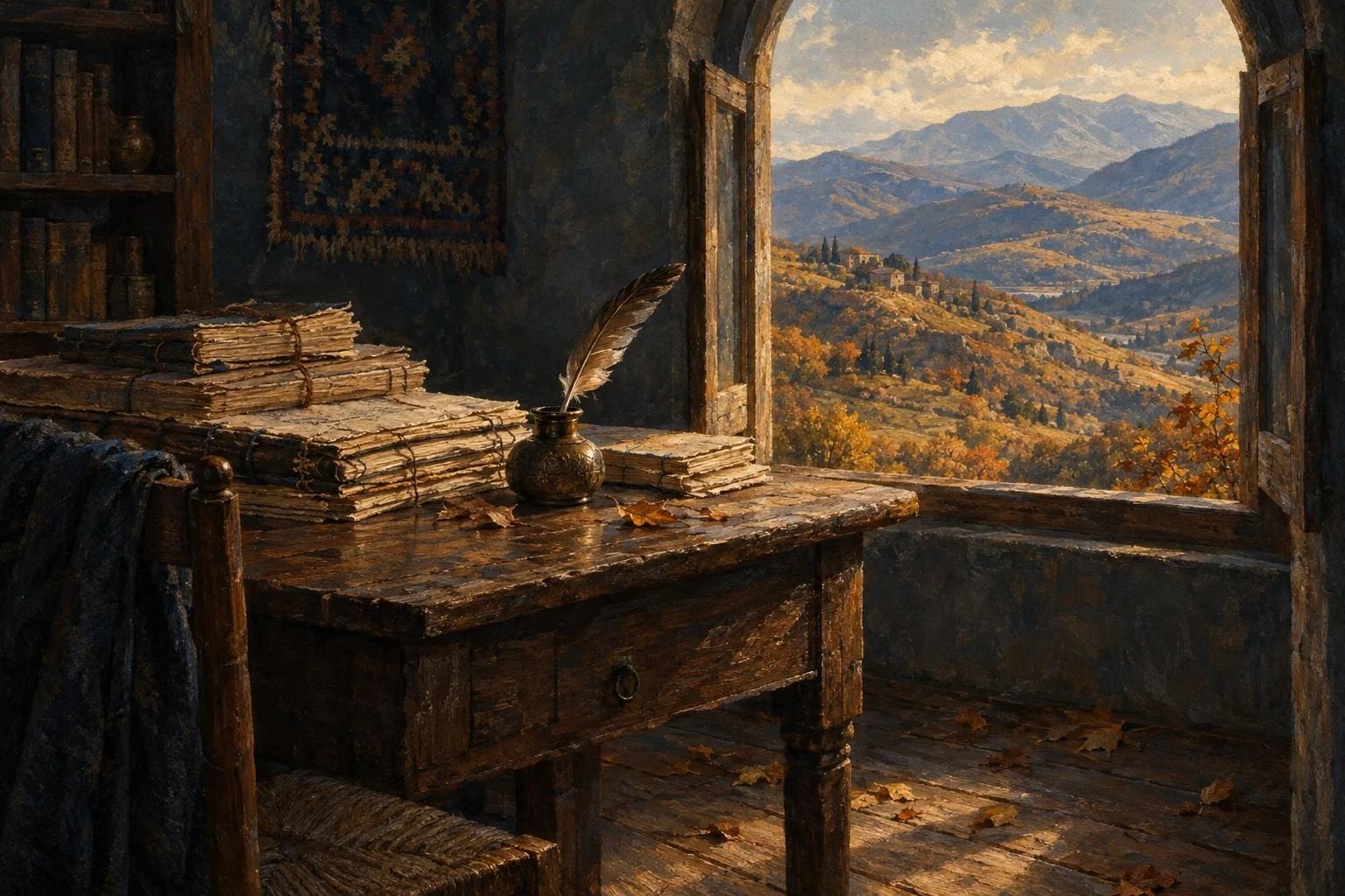 Tryezë druri me dorëshkrime dhe pendë pranë dritares me pamje nga kodrat e vjeshtës