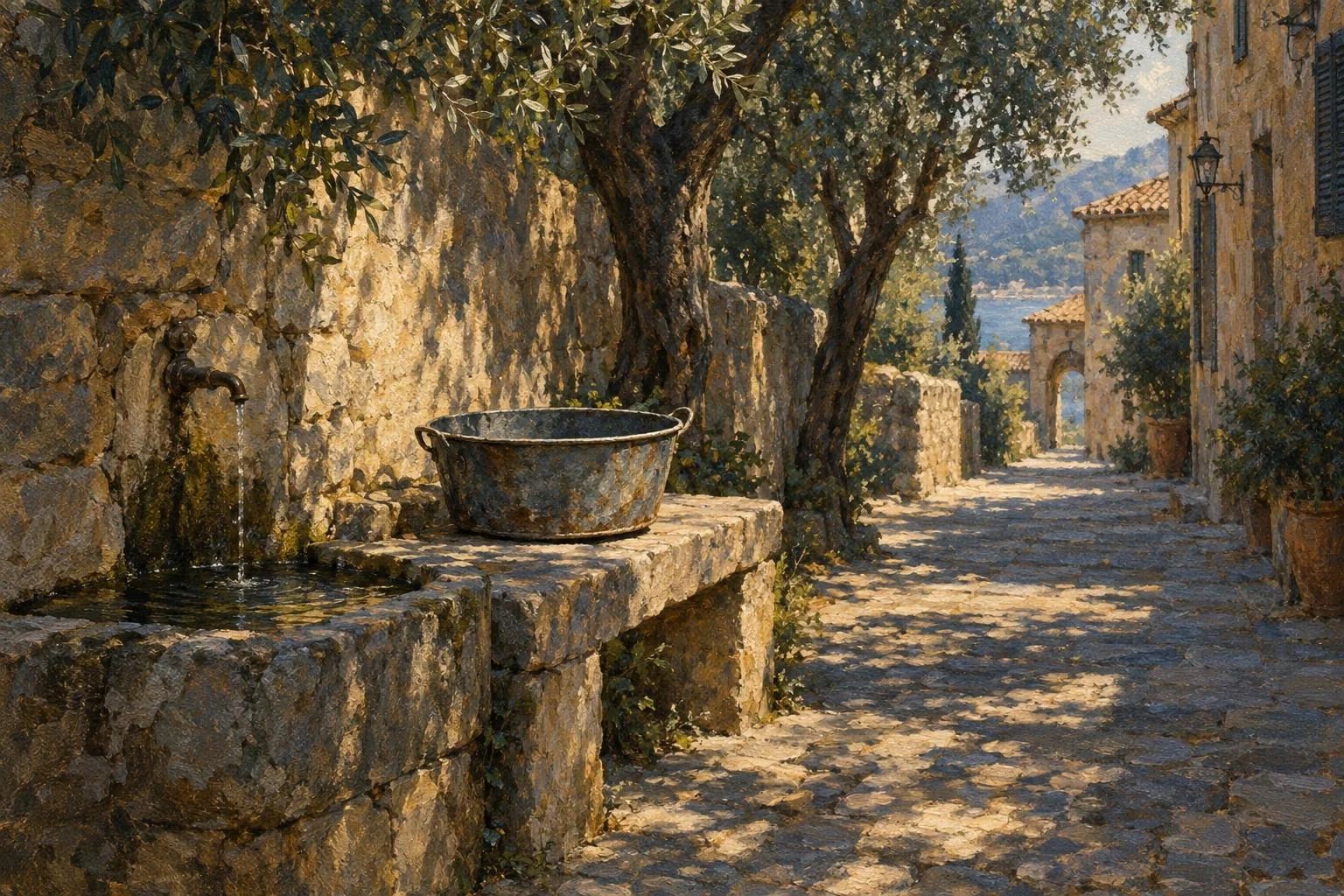 Legen i vjetër metali mbi një stol guri pranë një çezme në rrugicë të qetë