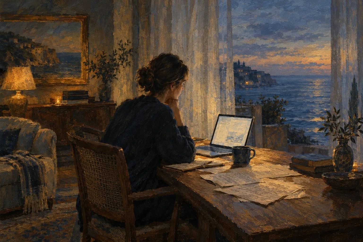 Dhomë e qetë e një vile bregdetare me perde të tejdukshme dhe tavolinë shkrimi me kompjuter të ndezur