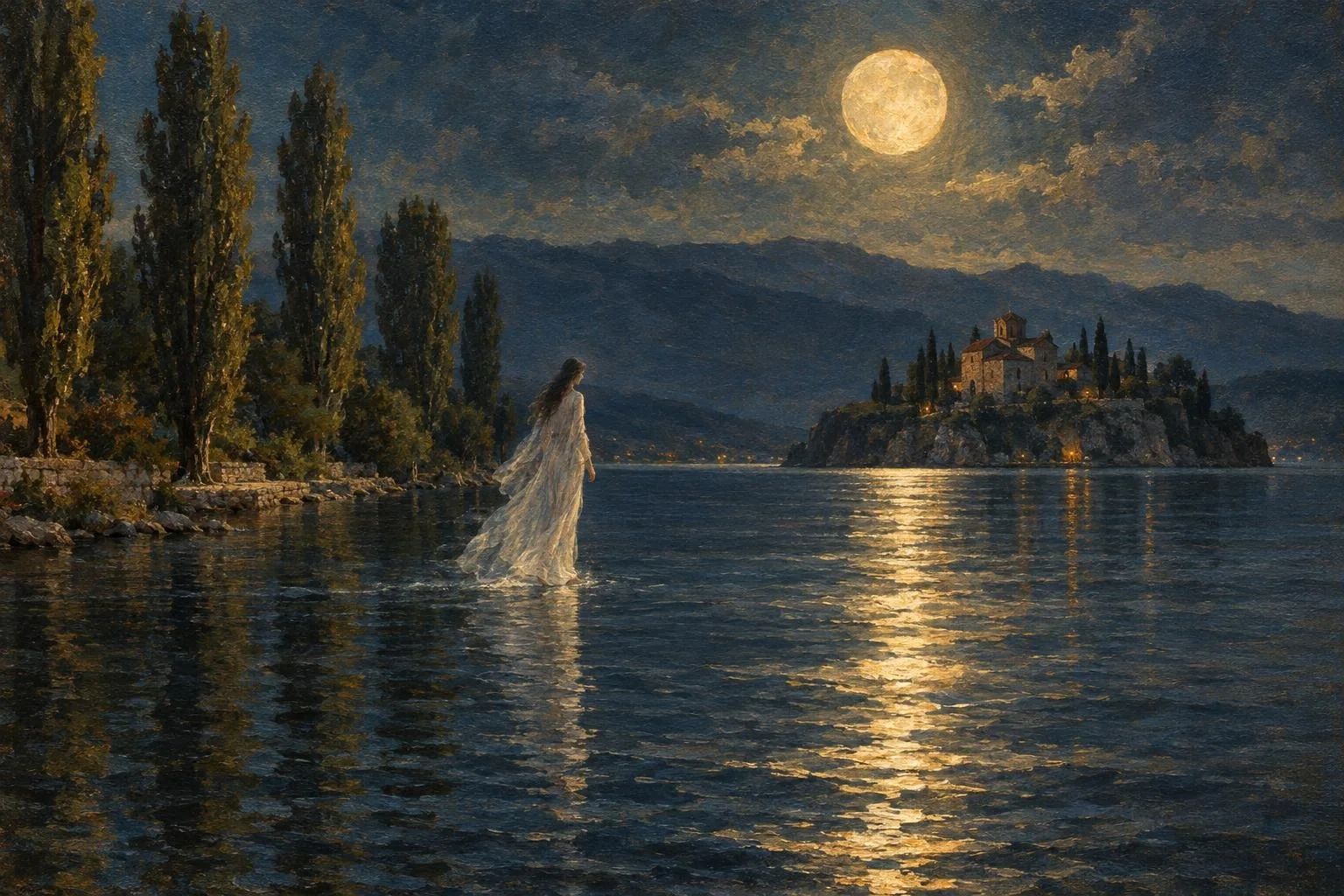 Hëna e plotë mbi Liqenin e Ohrit me një hije të bardhë mbi ujë dhe manastirin në sfond