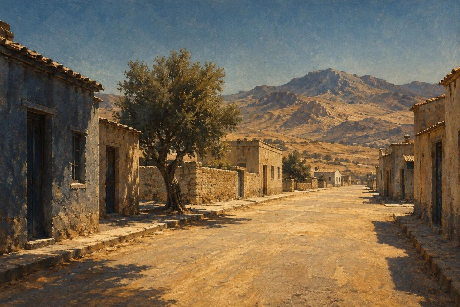 Një rrugë e qetë dhe e pluhurosur qyteti nën vapën e rëndë të diellit