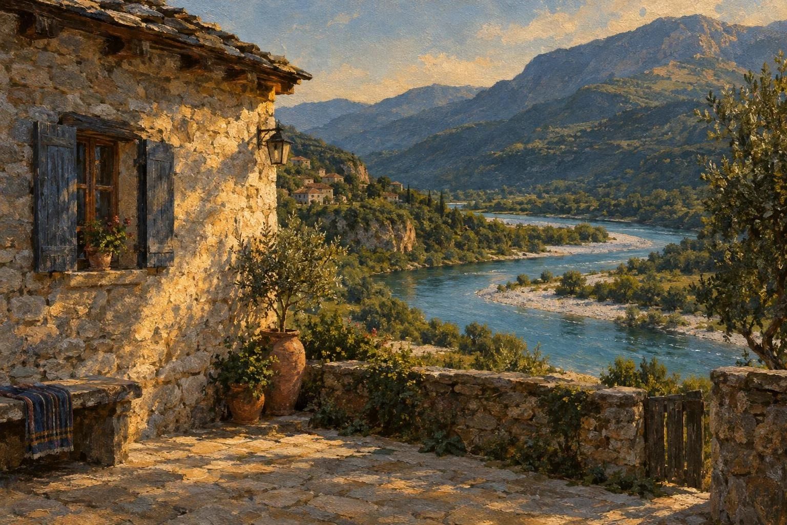 Qoshk i një shtëpie guri të vjetër me pamje nga lugina e lumit Vjosë