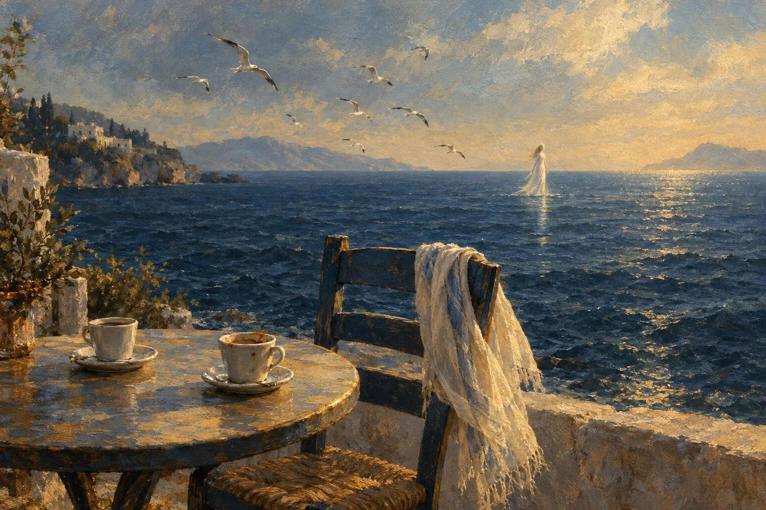 Tryezë kafeneje përballë Egjeut në dhjetor: dy filxhanë, një karrige bosh me shall gruaje dhe një siluetë e ndritshme që ecën mbi ujë.