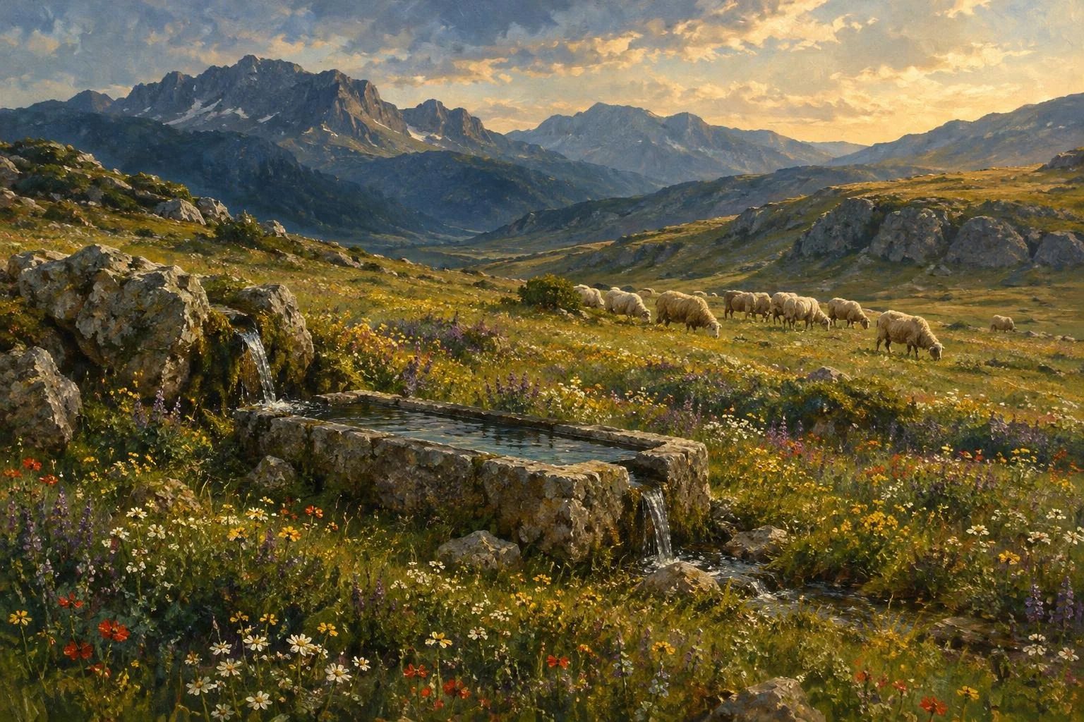 Pllaja e gjelbër e Çajupit e mbuluar me lule të egra dhe një tufë delesh pranë një burimi