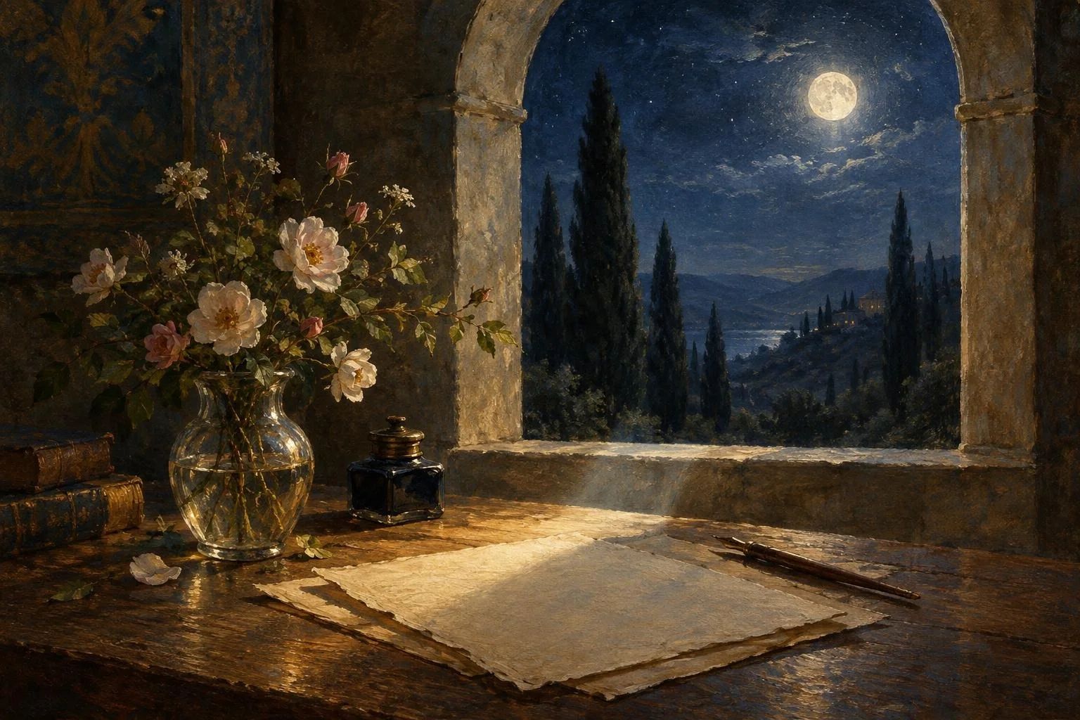 Dritë hëne e argjendtë që hyn përmes një dritareje me hark mbi petale trëndafili dhe letër të bardhë