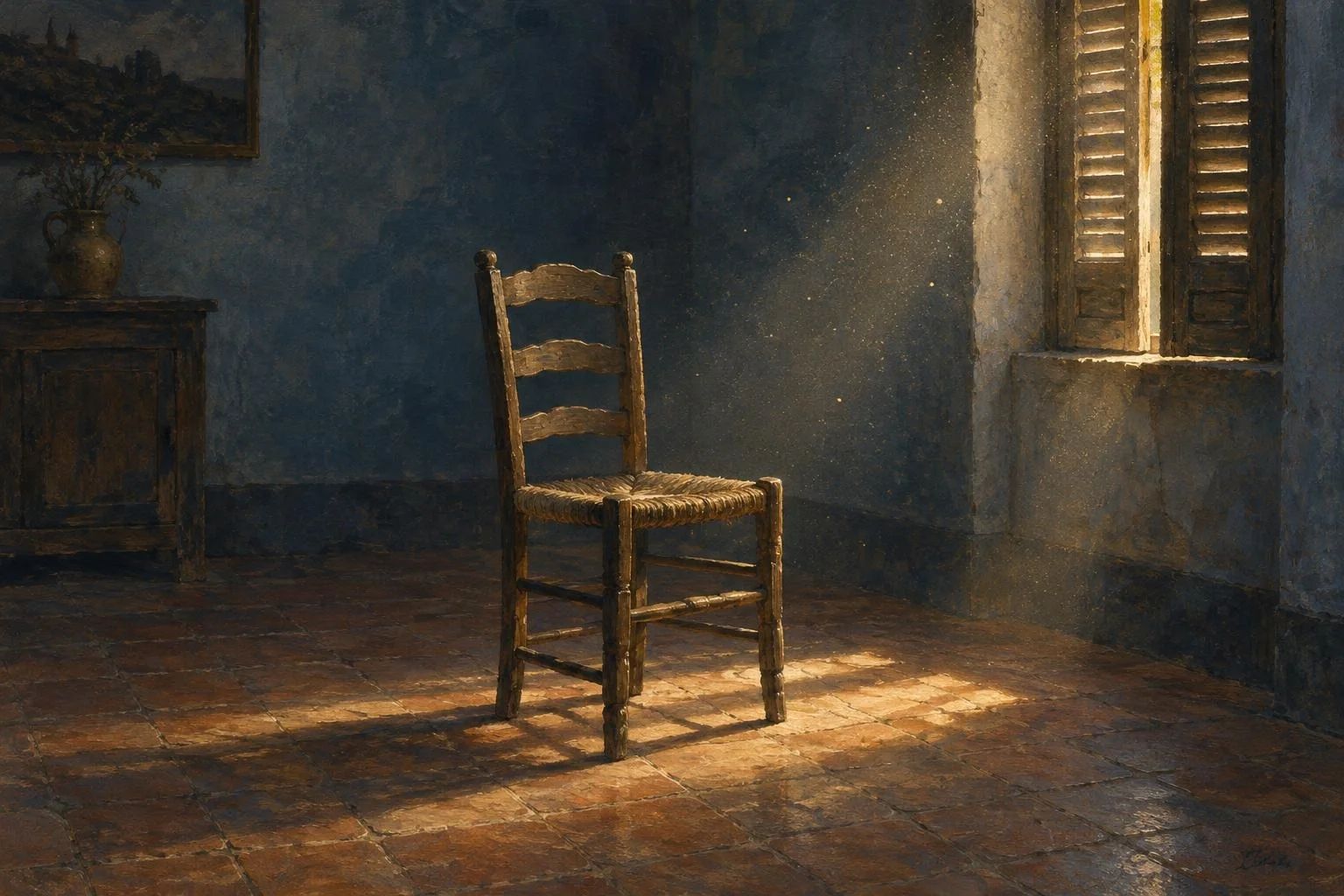 Një karrige e vetmuar druri në një dhomë të zbrazët me rreze drite